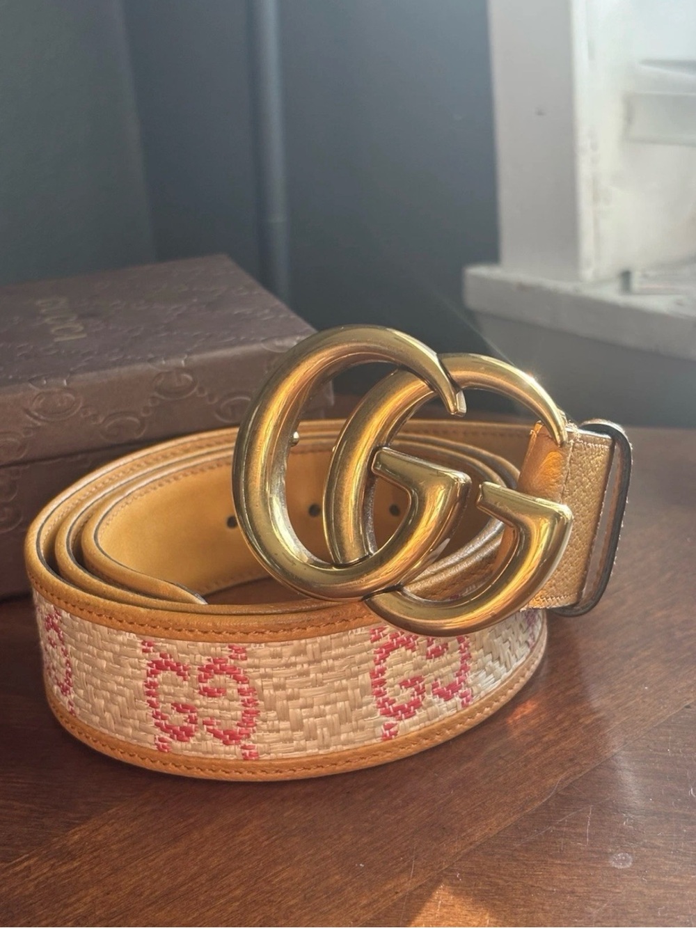 Gucci GG Marmont G Print WIDE Belt 95.38 Tan Leather Raffia Straw Pink Mono $750